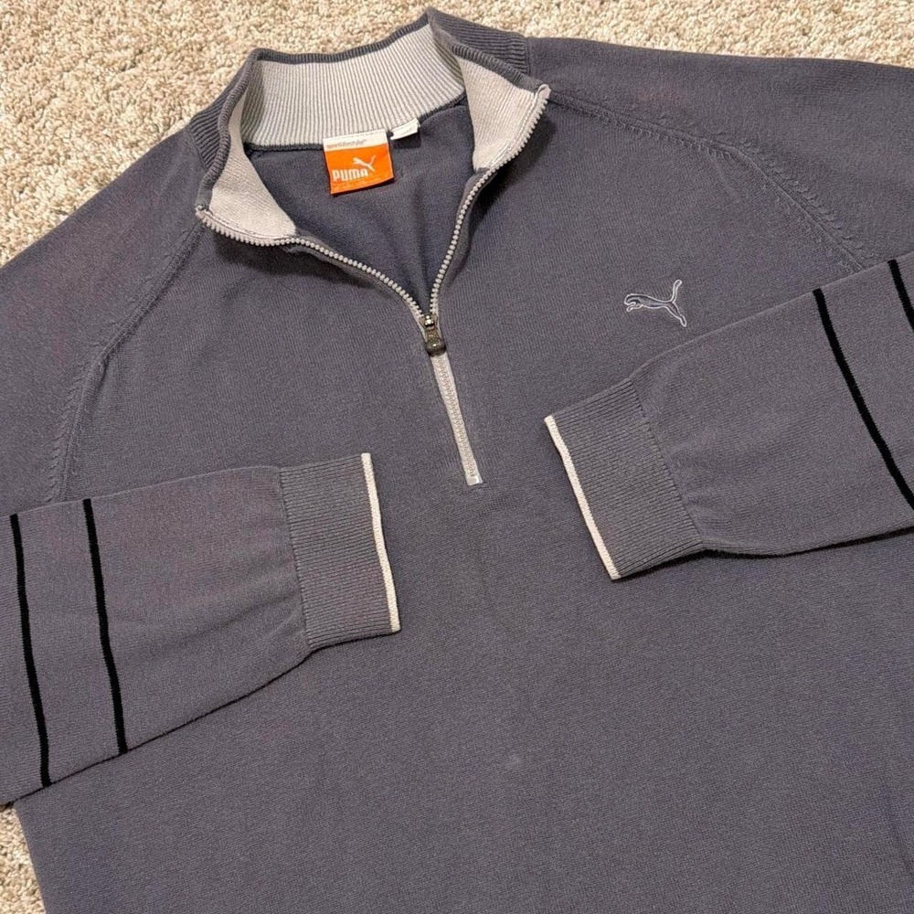 Rare Vintage Puma Quarter-Zip Sweater | Charcoal Gray & Black Stripes | M